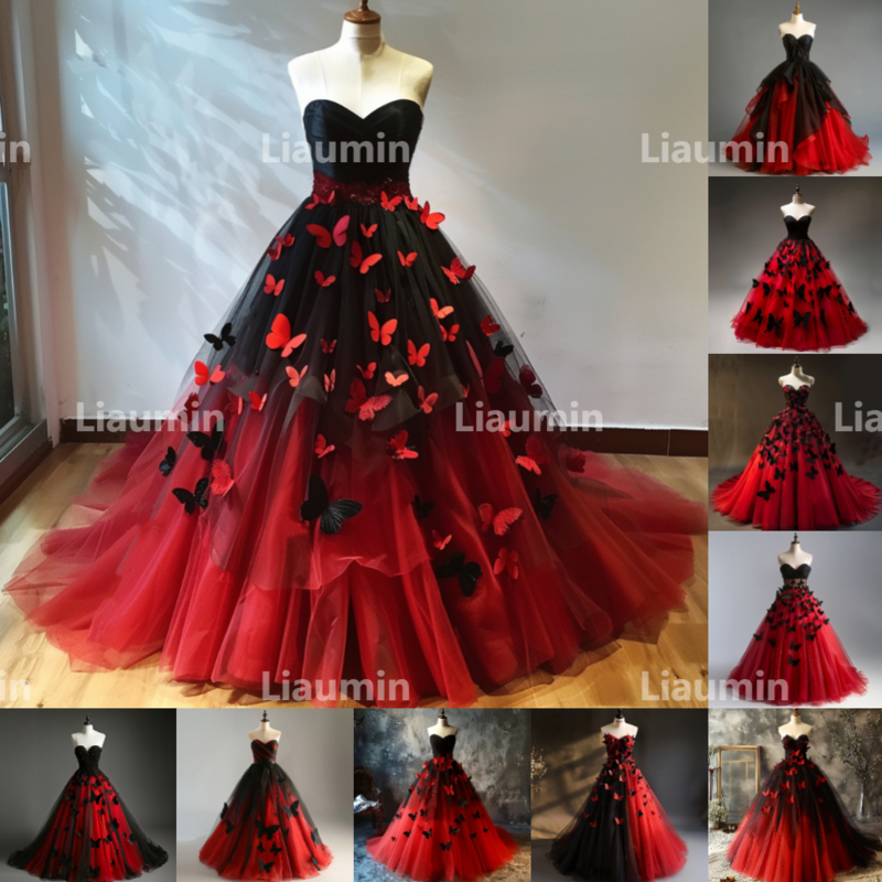 Vestidos de novia de tul rojo y negro con mariposa, sin tirantes, longitud completa, para ocasiones formales, W15-42