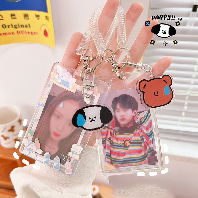 Kpop 3-дюймовый акриловый прозрачный держатель для фотокарт, держатель для карт в Корейском стиле, милая мультяшная сумка с подвеской, школьные канцелярские принадлежности