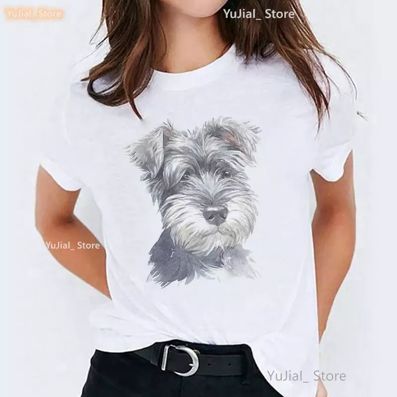 Schnauzer Aquarela feminino Jogando Bola Estampado T-Shirt, Beagle das Meninas Boxer Dog Tshirt, Harajuku Kawaii Roupas, Tops Moda Verão