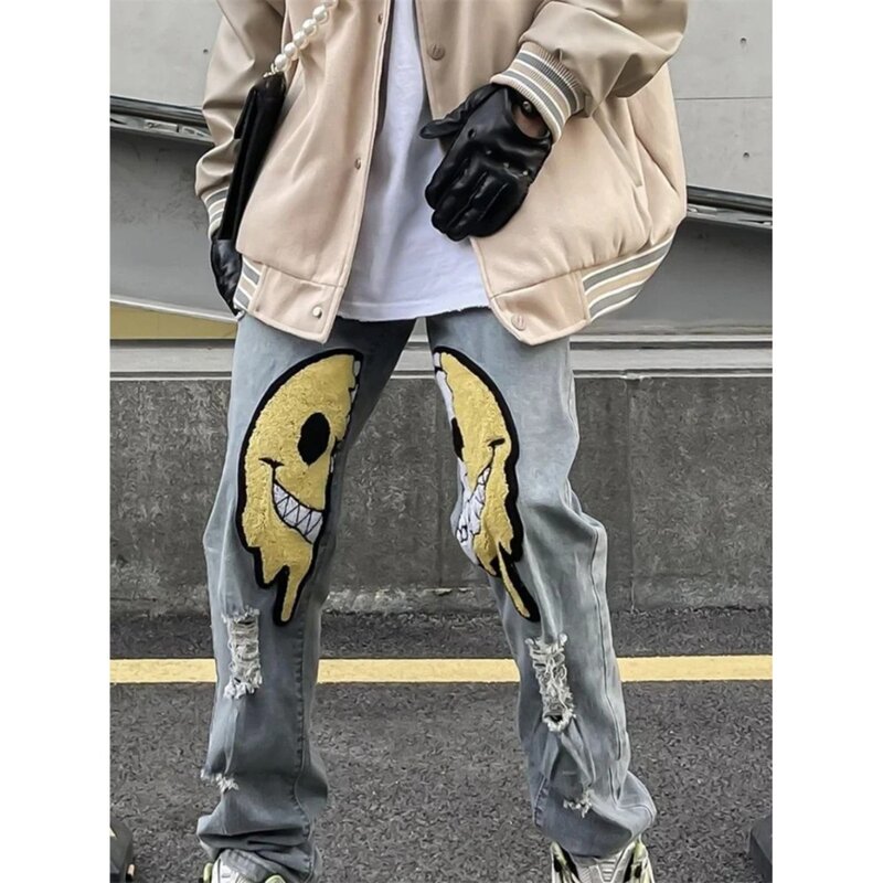 Celana koboi model Korea untuk pria, celana jins lurus Hip Hop jalanan tinggi modis dan nyaman, celana koboi klasik jalanan musim panas