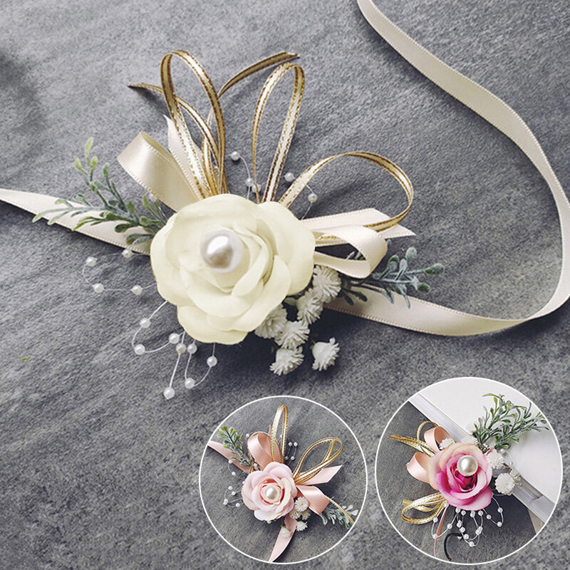 Elegante spilla da corpetto fiore a mano nastro di perle fiori da polso nastro fiocco di perle regali da sposa fiori a mano accessori da sposa