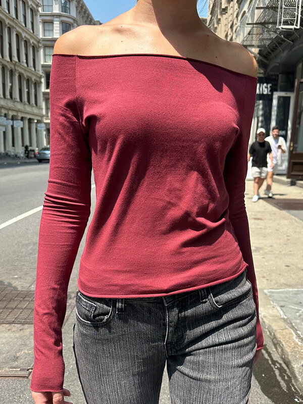 Kaus wanita lengan panjang antik, atasan Crop ramping pakaian jalanan Harajuku lengan panjang katun leher potong seksi musim gugur