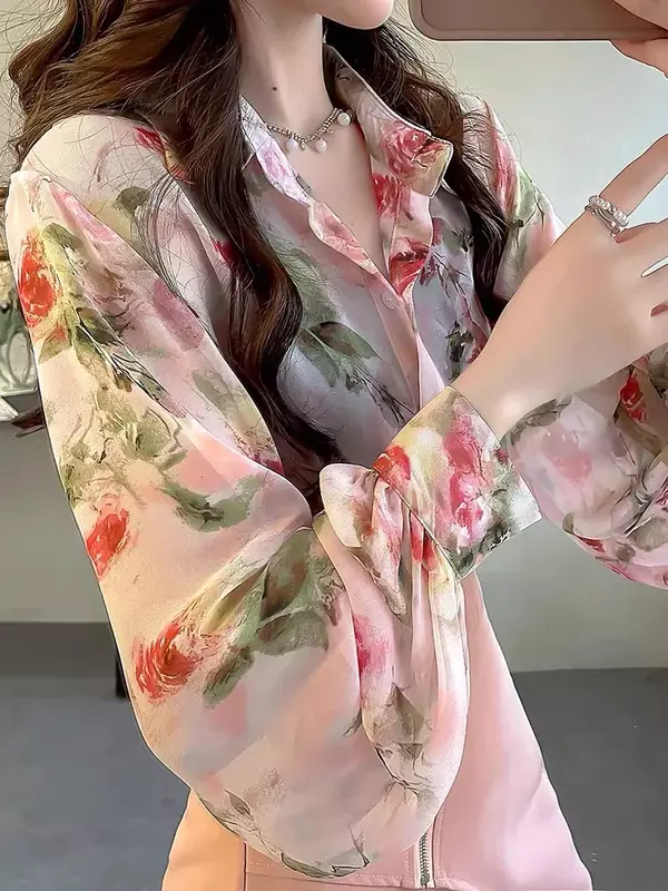 Camicia da donna Vintage in Chiffon stampe estive camicette vestibilità ampia Polo manica lunga donna top abbigliamento moda 2024 coreano