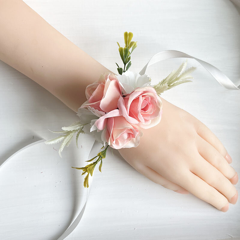Bride Groom Wedding Accessories Wrist Corsage Bracelet Cuff Flower Bridesmaid Boutonniere Men Pins Silk Roses Artificial Flowers