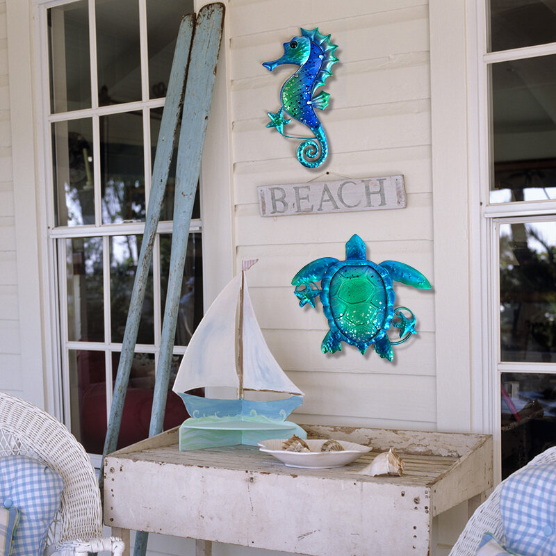 Metal Blue Turtle Seahorse with Glass Wall Art for Home Decorative Ocean Theme Sculpture Statue of Living Room Bathroom Pool