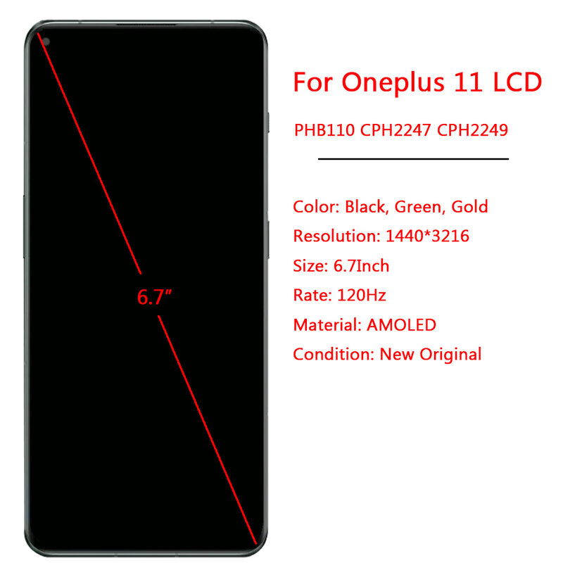 Bagian LCD layar sentuh AMOLED untuk Oneplus 11, dengan bingkai 6.7 "Onplus 11 1 + 11 PHB110 CPH2447 CPH2449