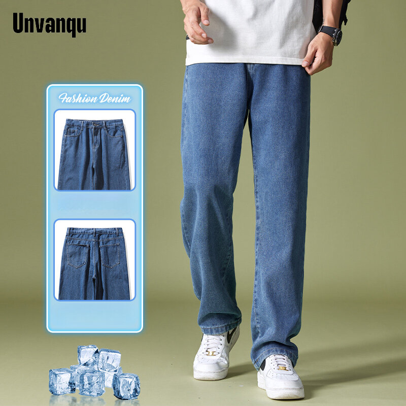 Unvanqu американские ретро высококачественные мужские повседневные джинсовые брюки Летняя уличная мода ледяной шелк тонкие свободные прямые широкие джинсы