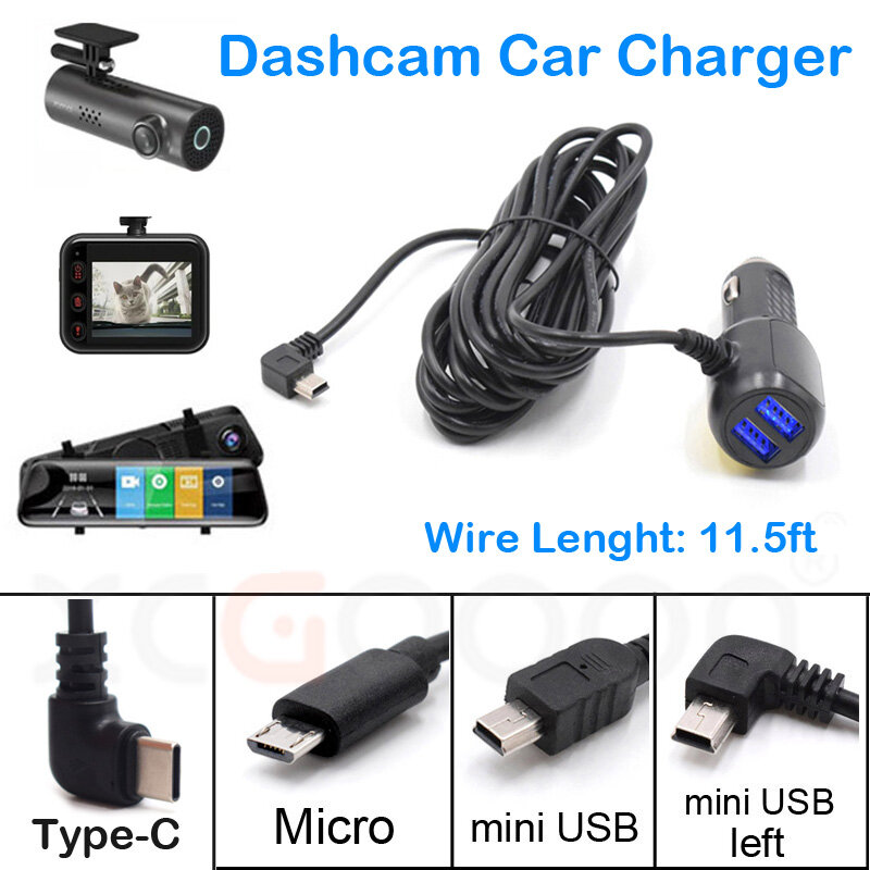 DVR pengisi daya kabel Dash Cam pengisi daya mobil Mini USB / Micro USB/tipe-c USB 11.5ft suplai kabel daya 12-24v untuk kamera DVR GPS