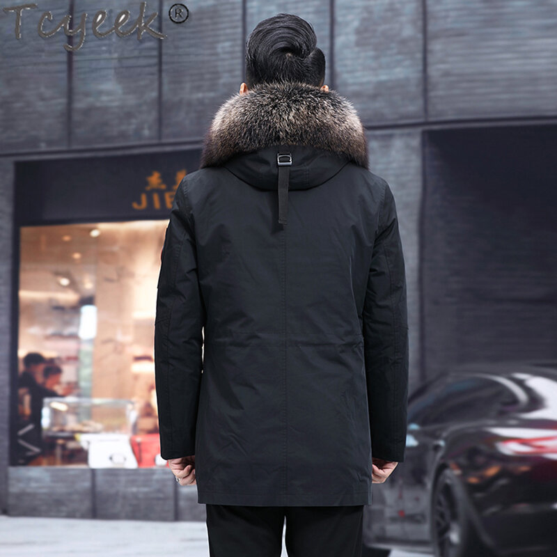 Tcyeek-男性用の本物のウサギの毛皮の裏地付きコート,ミドル丈のパーカ,アライグマの毛皮の襟,暖かい冬のジャケット,ファッション2023