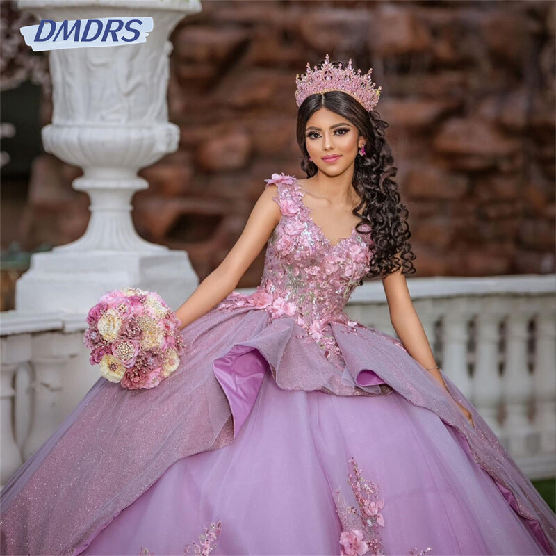 Gaun pesta manik-manik applique mewah gaun Quinceanera bunga manik-manik menawan bahu terbuka manis 15 gaun renda Vestidos De