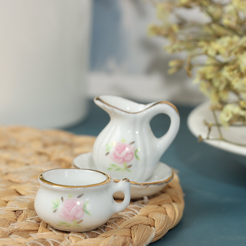 Acessório miniatura do banheiro estilo vintage, rosa floral, mobília cerâmica Dollhouse, 1 conjunto, escala 1/12