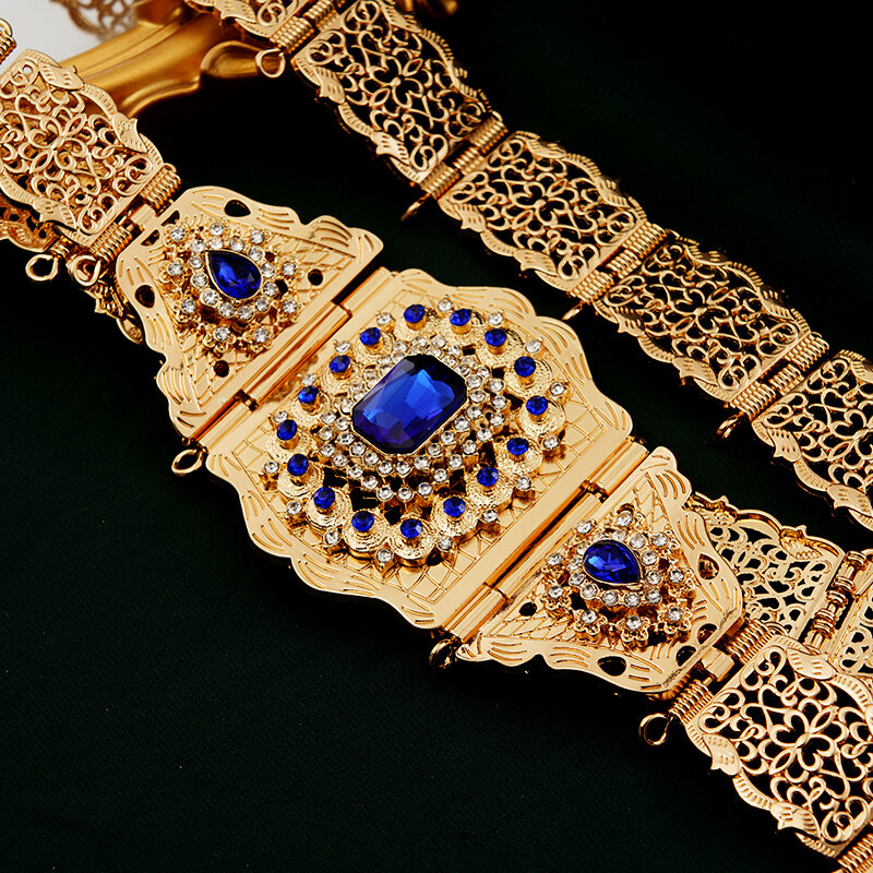 Royal Blau Strass Braut Gürtel Gold Überzogene Marokkanischen Chic Kaftan Gürtel Lange Kette Arabisch Türkische Robe Hochzeit Schmuck Ketten