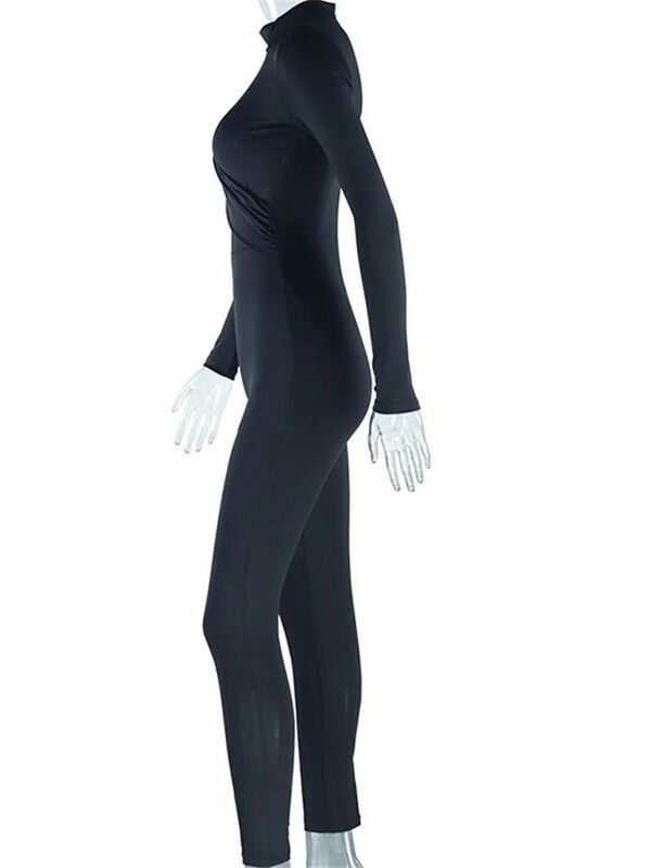 LW Casual Solid Hollowed Out Half A Turtleneck Skinny Jumpsuits Sexy Plain Long Sleeve Fitness Bodysuits Slim Fit Long Pants