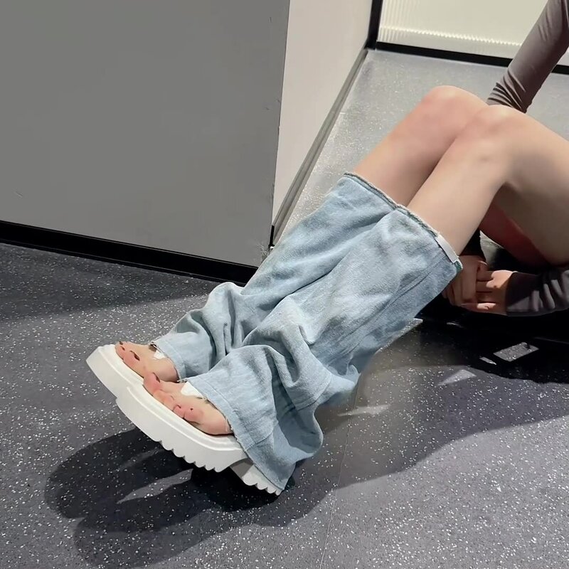 Botas de plataforma de cunha sintética denim para mulheres, cunha clip toe, zíper oco, tornozelo, botas altas no joelho, sandálias de lazer, sapatos sensuais, moda verão, 6cm