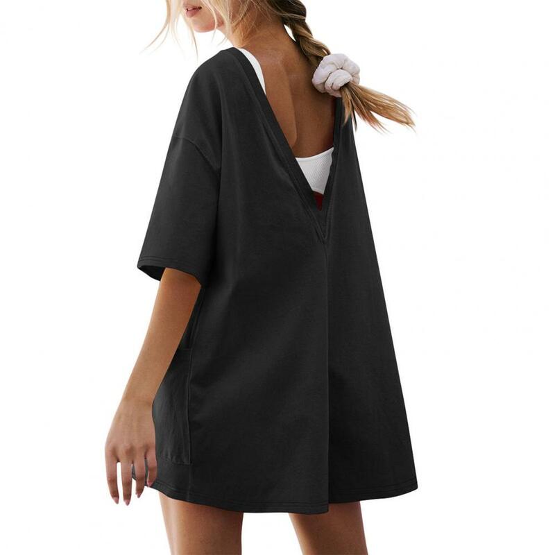 Romper with Side Pockets Stylish Summer Romper with Crotch Big Pockets for Women Soft Round Neck Short Sleeves Solid Color