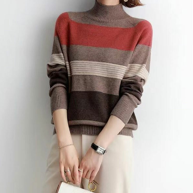 Pakaian Musim Gugur Musim Dingin Wanita Sweter Longgar Sweter Setengah Tinggi Kerah Lengan Panjang Sambungan Benang Kaus Tebal