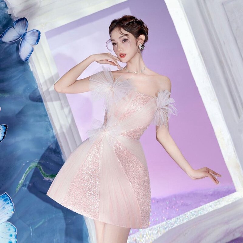 Vestido de fiesta de lentejuelas sin tirantes, minivestido Sexy brillante, color rosa claro, talla grande, para mujer