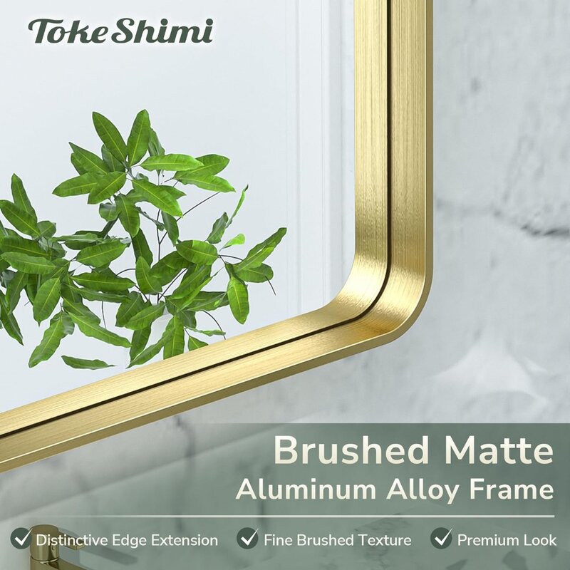 Gouden Badkamerspiegel Voor Muur 40X30 Inch Afgeronde Hoekrechthoek In Aluminium Metalen Frame Diepliggende Vrachtvrije Spiegels