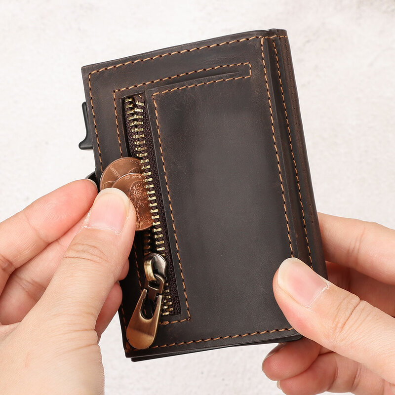 RFID Smart Pop Up Card Wallet para hombres, funda de tarjeta de cuero genuino para 8-10 tarjetas, monedero delgado con cremallera y compartimento para notas