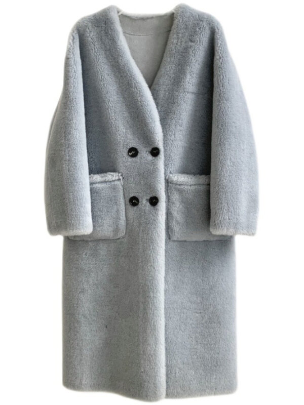 MENINA BONITA 2022 Winter Jacke Frauen Zweireiher V-ausschnitt Echtpelz Mantel Natürliche Weben Wolle Pelz Dicke Warme Lose Oberbekleidung