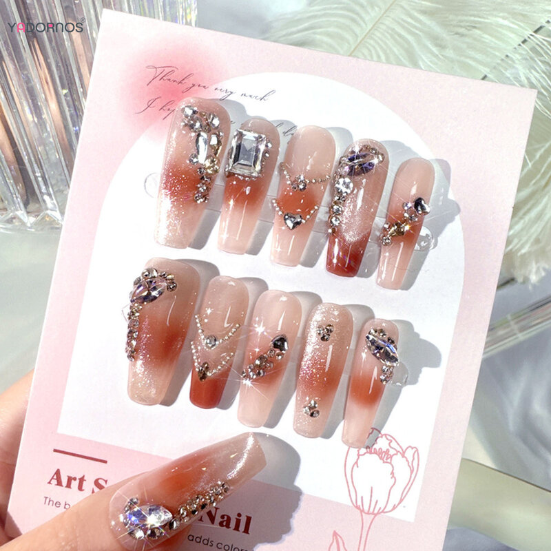 Lunga bara fatta a mano unghie finte Glitter strass indossabile stampa sulle unghie Ballerina unghie finte riutilizzabili suggerimenti per le donne 10 pezzi