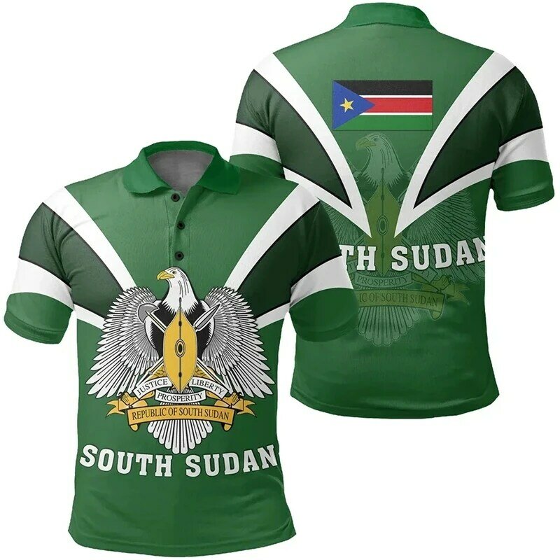 Africa South Sudan Map Flag 3D Printed Polo Shirts For Men National Emblem Short Sleeve Patriotic Coat Of Arms POLO Shirt Jersey