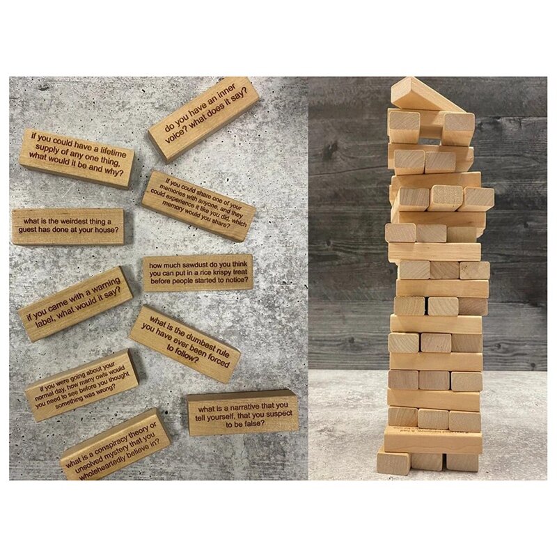 54 szt. Pytań do gry w Tumbling Tower lodołamacz pytania o przewracanie drewna w kolorze drewna, gigantyczna gra w układanie drewna z tablicą wyników