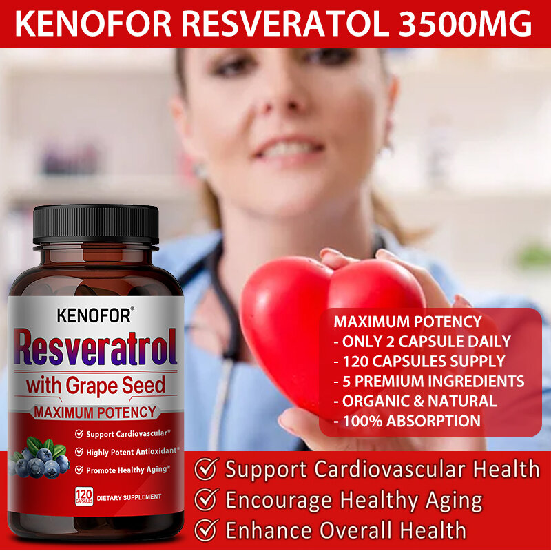 Ekstrak Resveratrol, suplemen antioksidan untuk kesehatan jantung dan sel, mendukung sistem kekebalan tubuh dan kulit sehat, 120 kapsul