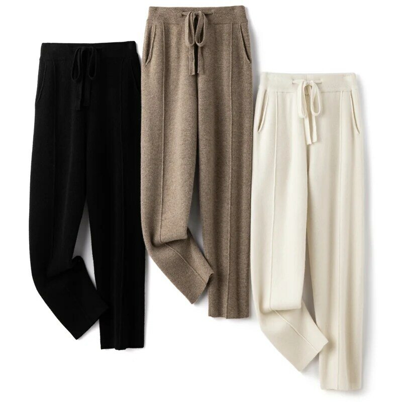 Calça de caxemira de cintura alta feminina, calça lápis casual de malha, 100% lã pura, fina, nova, outono e inverno, 2023
