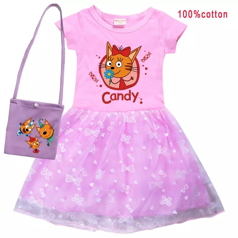 子供のためのロシアの漫画のプリンセスドレス,3つの子猫の服,赤ちゃんの女の子のためのハロウィーンの衣装,子供のためのキトンのドレスとバッグ