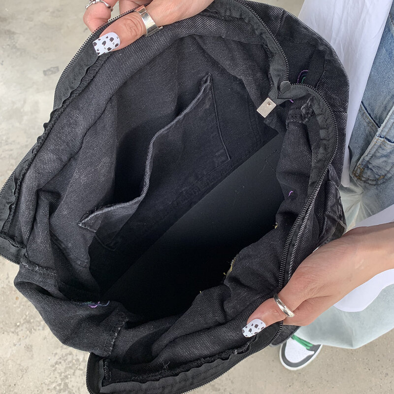 Sacos Crossbody Para As Mulheres Casual Denim Bags Bordados Bolsa De Ombro Feminino Pacote de Viagem Zipper Handbag Tote Ladies Messenger Bag