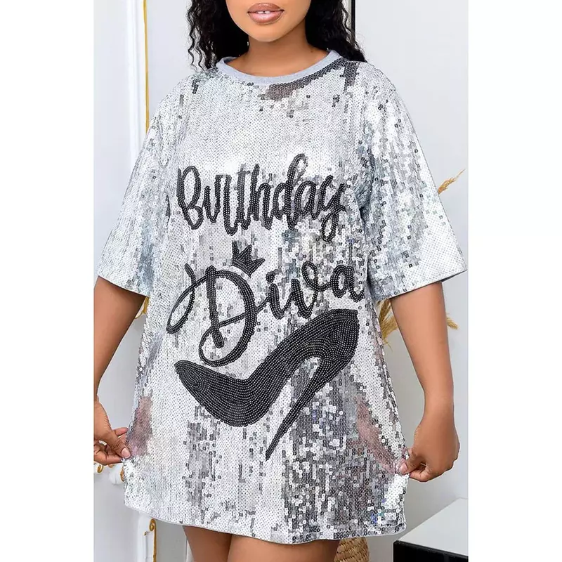 Plus Size Summer Casual Daily Silver Loose Short Sleeve Letter Sequin Round Collar T-Shirts Mini Dresses