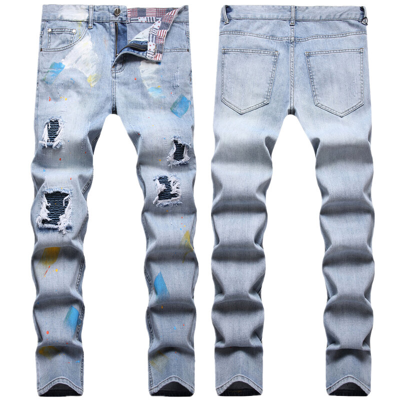 Light blue torn patch motorcycle element pleated gasket hand painted small straight leg jeans for men