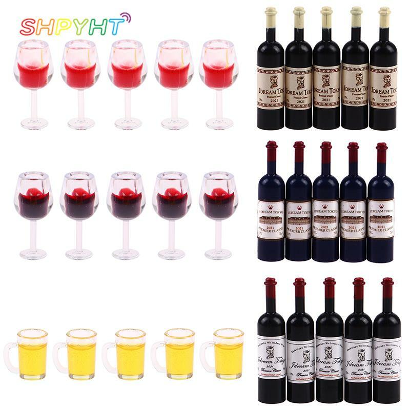 5Pcs 1/12 Dollhouse Miniature Resin Bottles Mini Red Wine Bottles Glasses Cups Modle Kitchen Furniture Doll House Accessories