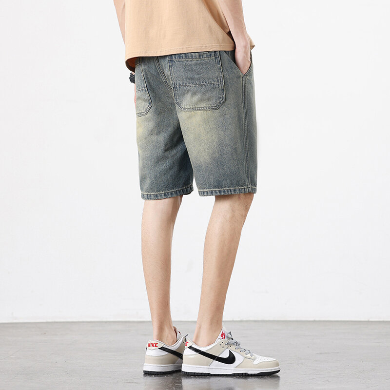 Men Summe Thin Five-point Denim Shorts Vintage Washed Baggy Straight Denim Shorts Simple Solid Color Ins Shorts Streetwear