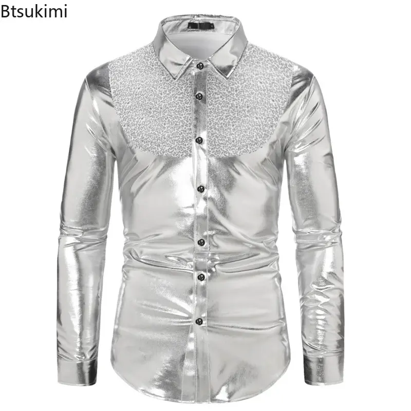 2024 Men's Slim Wedding Party Long Sleeve Shirt Luxury Silk-Like Satin Dress Shirts Tops Male Sequins Design Disco Dance Shirt