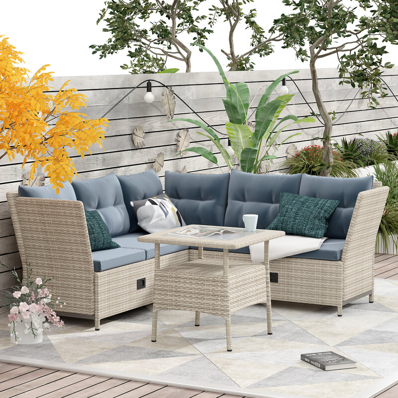 Outdoor Patio 4-Piece All Weather PE Wicker Rattan Sofa Outdoor Furniture Set with Adjustable Backs for Backyard, Poolside, Gray