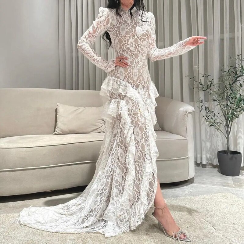 Robe de soirée élégante à manches longues pour femmes, robe de Rhen dentelle sirène, col rond, saoudien, 2024