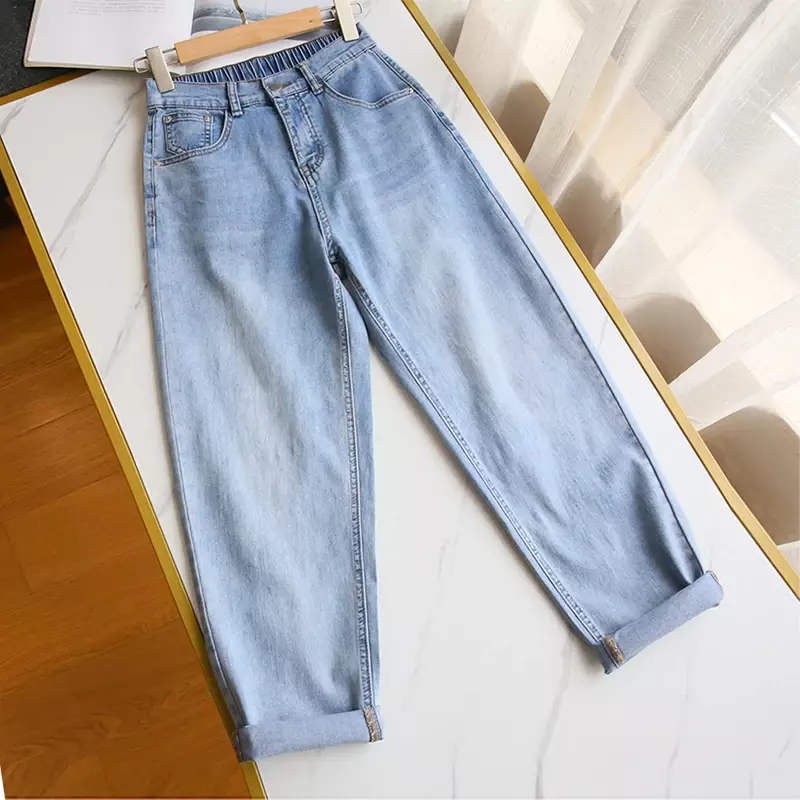 Женские джинсы, демисезонные свободные синие джинсовые брюки с поясом на резинке, новинка 2023, брюки-султанки, женские повседневные брюки