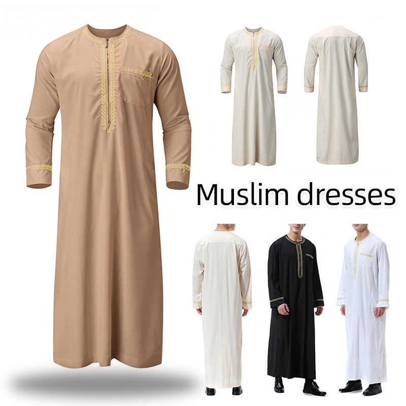 Men's Muslim Arab Robe Middle East Islamic Dubai Ethnic Dress Long Sleeve Kaftan Thoub Jubba Saudi Spring Autumn Wear S-3XL