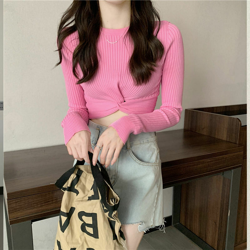 Camiseta feminina coreana de malha cruzada manga longa, estilo curto, tops irregulares