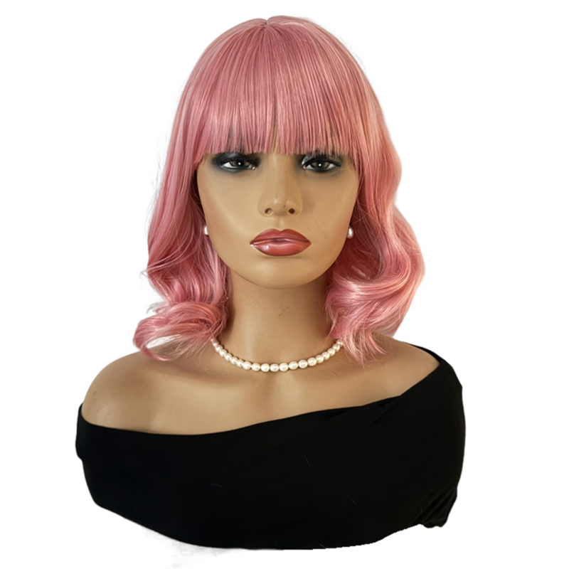 VENTO-curto volume bobble cabeça onda peruca feminina, rosa resistente ao calor malha rosa, perucas elegantes moda, mulheres e meninas