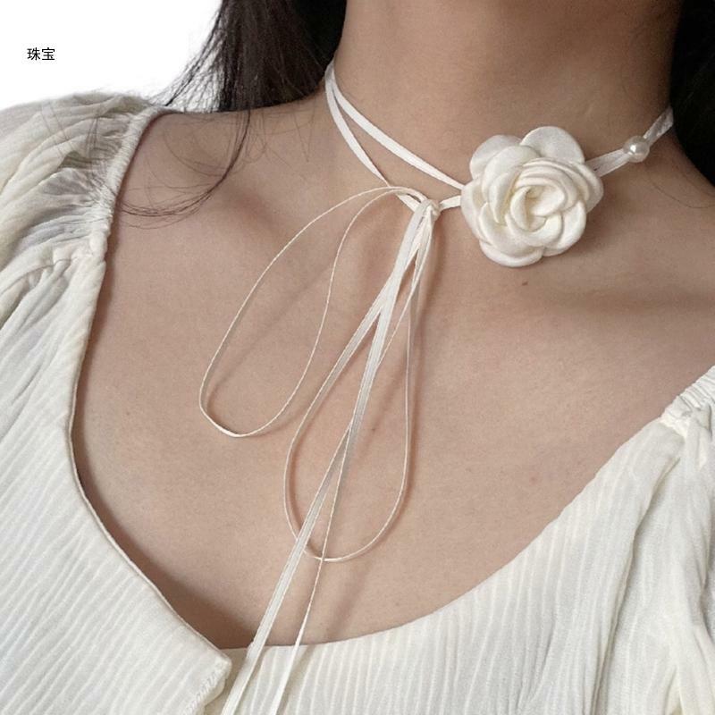 X5QE sznurowany łańcuszek do obojczyka jednokolorowy Choker kwiatami róży na suknię ślubną dla dziewczynki
