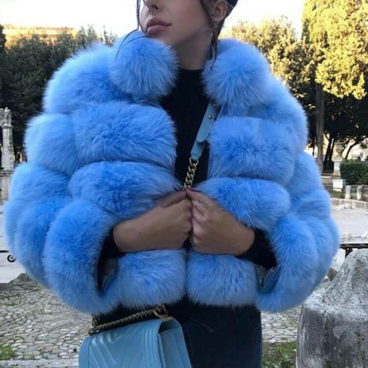 Jaqueta de gola de pele fofa para mulheres, luxo Faux Fox Fur, casaco grosso quente de pele curta outwear com zíper grande de alta qualidade, festa inverno