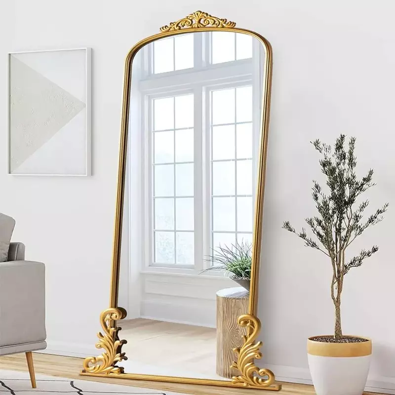 Espejo arqueado Vintage de longitud completa, marco de Metal tallado, espejo de suelo para decoración del hogar, entradas de baño, espejos sin carga