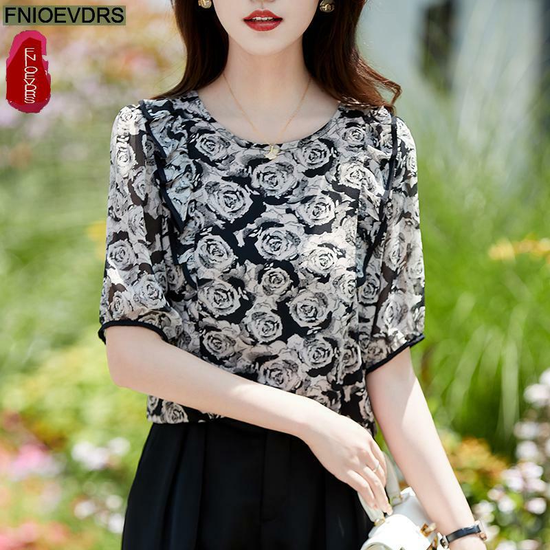 S-2XL Loose Clothes 2024 Summer Short Sleeve Casual Flower Printed European Style Tops Blouses