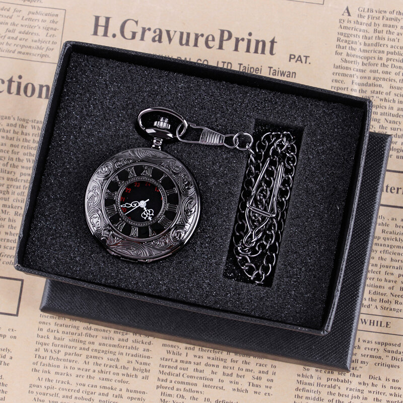 New Vintage kwarcowy charms czarny z cyframi rzymskimi Steampunk zegarek kieszonkowy naszyjnik z pudełko na prezenty dla mężczyzn kobiet