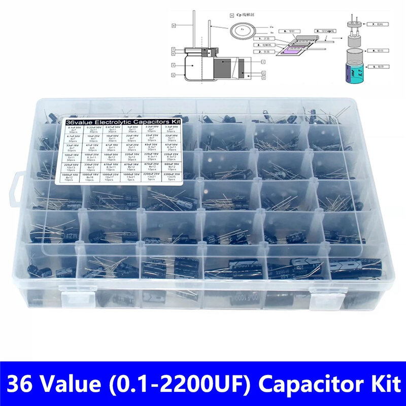 Koleksi lengkap 36 nilai kapasitansi (0.1uf-2200uf) 1000uf 25V/35V set kapasitor elektrolitik aluminium plug-in