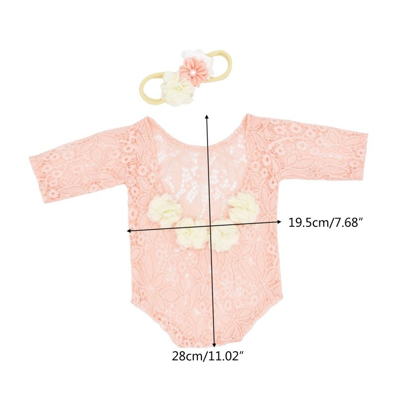 2Pcs Baby Flower Pearl Headband Lace Romper Newborn Photography Props Outfit Set