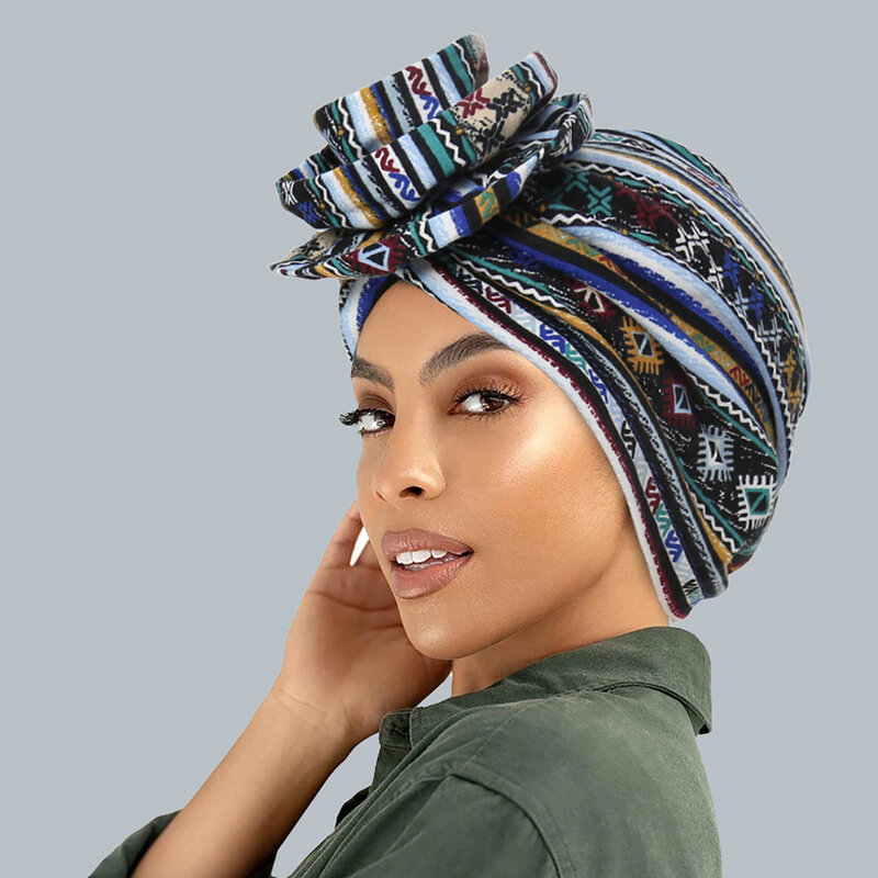 African Printed Big Flower Turban Hat Muslim Women Fashion Flower Hat All Kinds Of Popular Multifunction Wrap Head Ethnic Caps